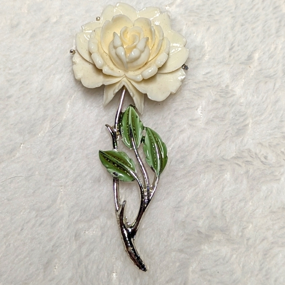 Vintage JJ Jonette Ivory Colored Rose Brooche with Silvertone Stem. - Picture 8 of 9